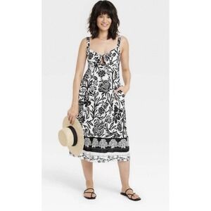 Knox Rose Black & White Floral Midi Dress Knot Keyhole Front and Smocked Back XS